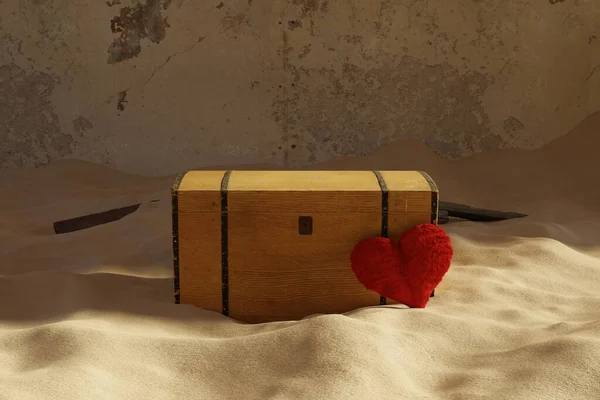3D渲染木制宝物并将红心倾注在沙滩上 — 图库照片