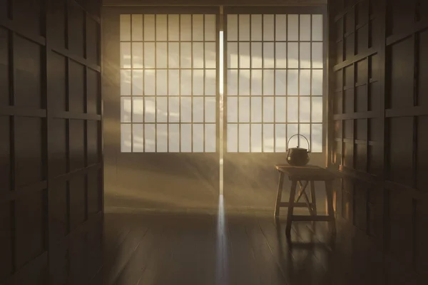 Rendering Japanese Wooden Corridor Shoji Sliding Doors Evening Sunlight —  Fotos de Stock