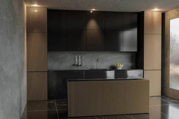 现代厨房的3D渲染 带有木板条和黑色正面 — 图库照片