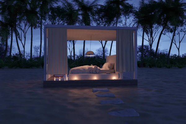 3d rendering of wooden patio with comfortable bed at sand beach in front of palm trees