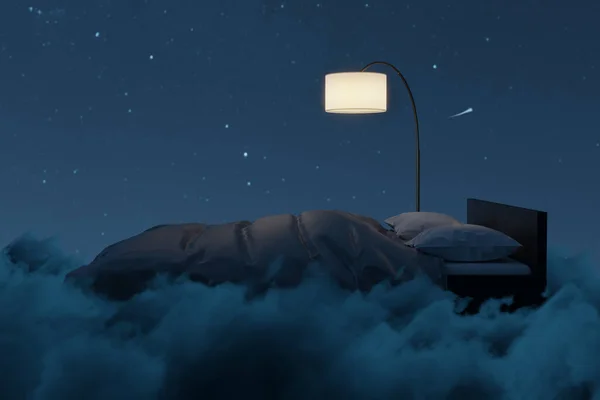 Rendering Cozy Bed Illuminated Lamp Bed Flying Fluffy Clouds Night — Stock Photo, Image