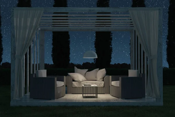 3d rendering of white wooden patio roof with rattan sofa outside at green meadow under starry night sky