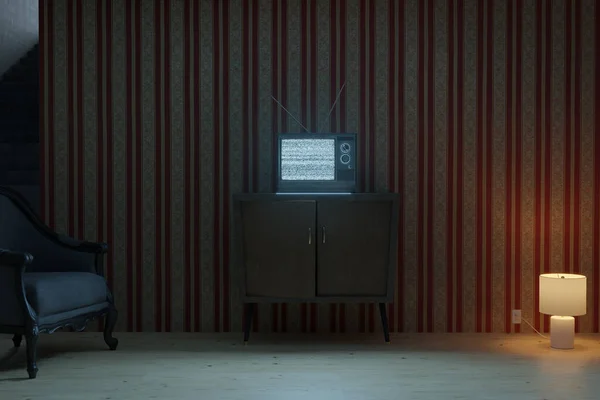 明るい静的画面を持つ古いテレビ付きのレトロなリビングルームの3Dレンダリング — ストック写真