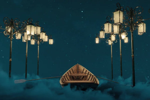 ふわふわの夜の雲の上に放棄された木製のボートの3Dレンダリング 古典的な街灯から照らされた — ストック写真
