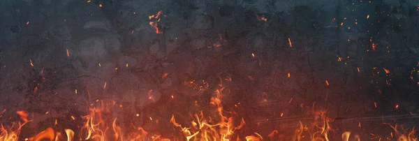 Rendering Einer Grunge Wand Mit Loderndem Feuer — Stockfoto