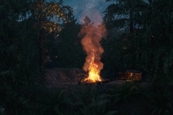 Darstellung Einer Waldnachtsszene Mit Großem Lagerfeuer — Stockfoto