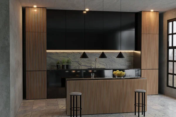 3d rendering of modern kitchen with wood slats and black fronts