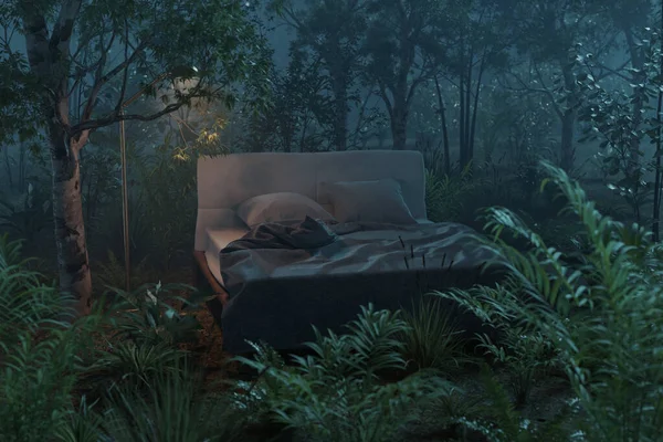 Рендеринг Невыкошенной Кровати Посреди Тропического Леса Концепция Тропической Ночи — стоковое фото