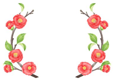 Kamelya suluboya resmi, Japon tarzı dekoratif çerçeve.