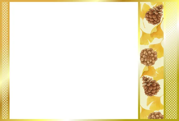 Ginkgo ve çam kozalakları, dökülen yaprakların suluboya resimleri, Japon tarzı dekoratif çerçeve.
