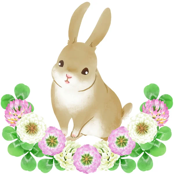 Иллюстрация Кролика Окруженного Цветами Клевера — стоковое фото