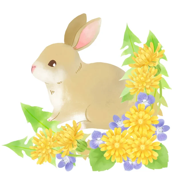 Illustration Rabbit Surrounded Dandelion Flowers — Stock Photo, Image