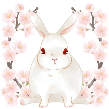 Kiraz çiçekleriyle çevrili bir tavşan tasviri
