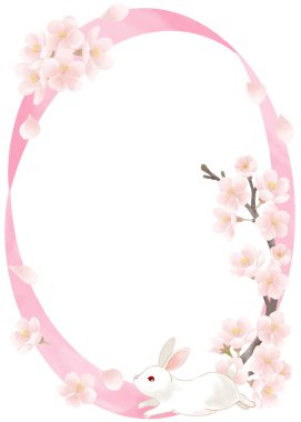 Kiraz çiçekleriyle çevrili bir tavşan tasviri