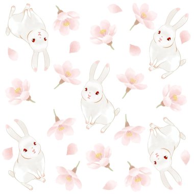Tavşan ve kiraz çiçekleri elle çizilmiş.