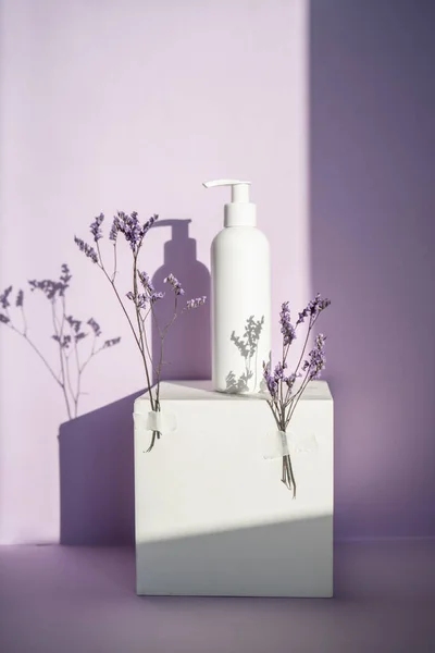 Kozmetikai üvegek lila alapon levendulával. Stock Kép