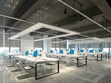 Modern açık ofis ve çalışma alanının 3D canlandırması