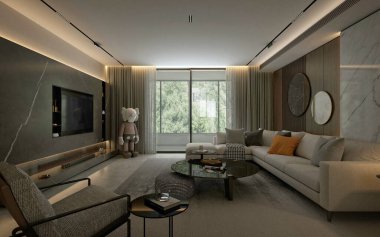 3D ev içi, oturma odası.