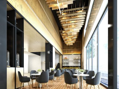 Kafe restoranının 3D görüntüsü, otel içi.