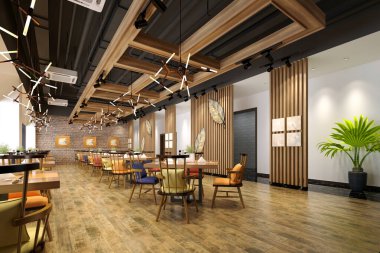 Kafe restoranının 3D görüntüsü.