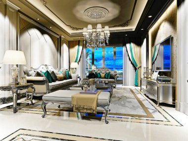 Post modern oturma odasının 3D görüntüsü