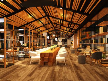 Kafe restoranının 3D görüntüsü.
