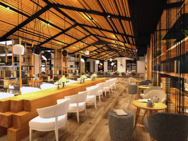 Kafe restoranının 3D görüntüsü.