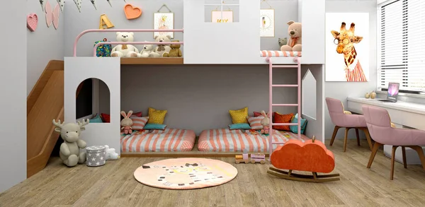 Modern pembe çocukların yatak odasının 3 boyutlu görüntüsü.