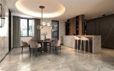 3D oturma ve mutfak odası.