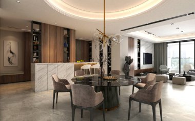 Modern ev, oturma ve mutfak odasının 3D çizimi