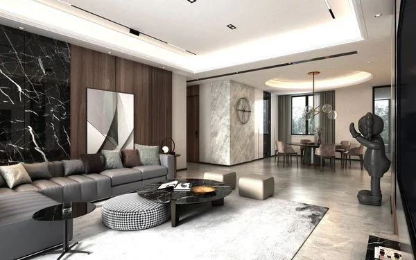 Modern ev, oturma ve mutfak odasının 3D çizimi