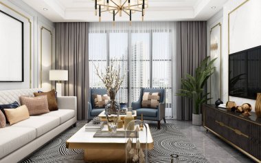 Ev oturma odasının 3D görüntüsü