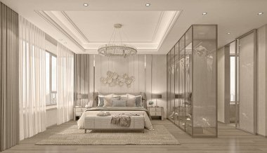 3d render of luxury hotel suite room, bedroom