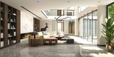 3D lüks ev dekorasyonu. Oturma ve yemek odası.