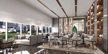 Otel resepsiyon lobisinin 3D görüntüsü