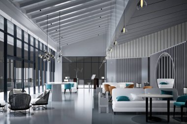 Modern çalışma odasının 3D görüntüsü, geniş alan