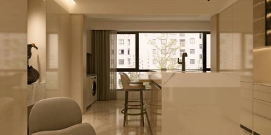 İç mekan, oturma ve yemek odasının 3D görüntüsü.