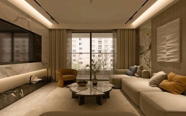 İç mekan, oturma ve yemek odasının 3D görüntüsü.