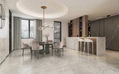 İç mekan, oturma ve yemek odasının 3D görüntüsü.