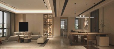 Modern oturma odasının 3D görüntüsü