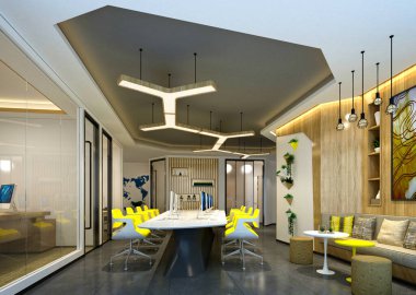 Modern çalışma ofisinin 3D görüntüsü