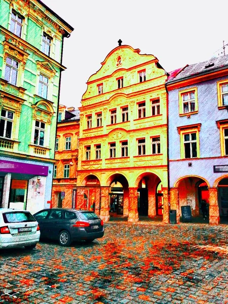 Corner Square Digitally Painted Image Part Liberec Square Architectural Historical — Zdjęcie stockowe