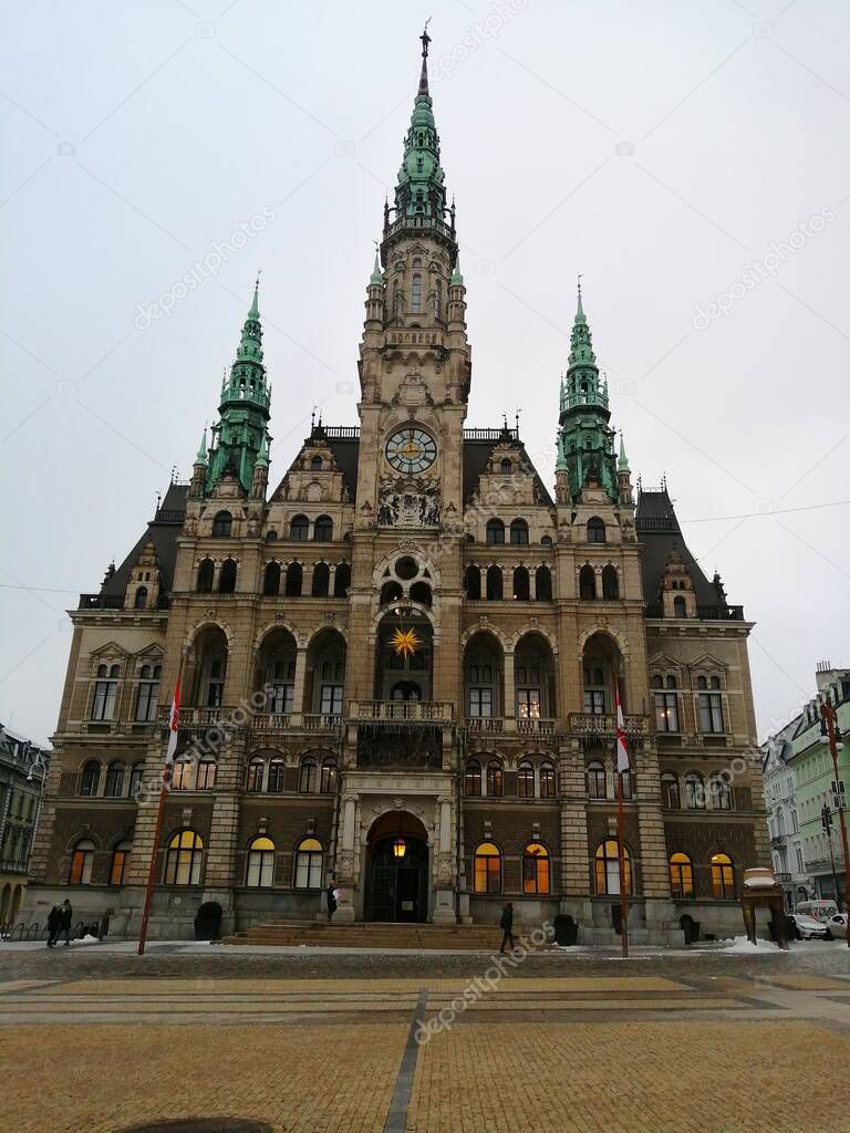 City Hall in Liberec. Front view from the square to the Liberec town hall with the statue of Trabant. 