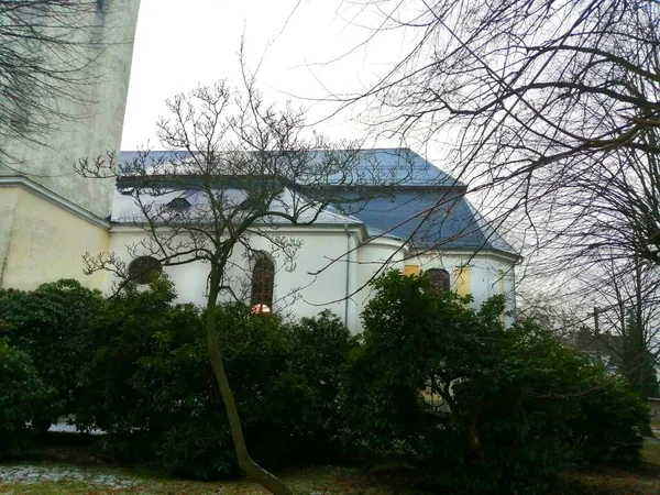 Mattina Inverno Nel Parco Verde Invernale Con Parte Della Chiesa — Foto Stock