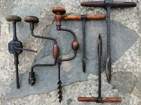 Набор Старых Ручных Инструментов Ручные Сверла Называемые Вращающиеся Колеса Двухручные — стоковое фото