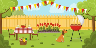 Arka bahçede barbekü partisi. Pankart.