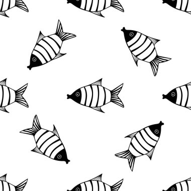 Balıklarla kusursuz bir desen. Siyah ve beyaz el çizimi vektör çizimi. Kusursuz bir geçmişi var. Duvar kağıdı tasarımı. Kumaş tasarımı. Şirin balıklarla basit vektör deseni.