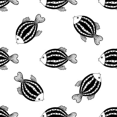 Balıklarla kusursuz bir desen. Siyah ve beyaz el çizimi vektör çizimi. Kusursuz bir geçmişi var. Duvar kağıdı tasarımı. Kumaş tasarımı. Şirin balıklarla basit vektör deseni.