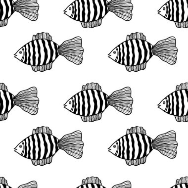 Balıklarla kusursuz bir desen. Siyah ve beyaz el çizimi vektör çizimi. Kusursuz bir geçmişi var. Duvar kağıdı tasarımı. Kumaş tasarımı. Şirin balıklarla basit vektör deseni.