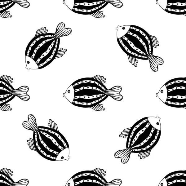 Seamless Pattern Fishes Black White Hand Drawn Vector Illustration Seamless — Stock Vector